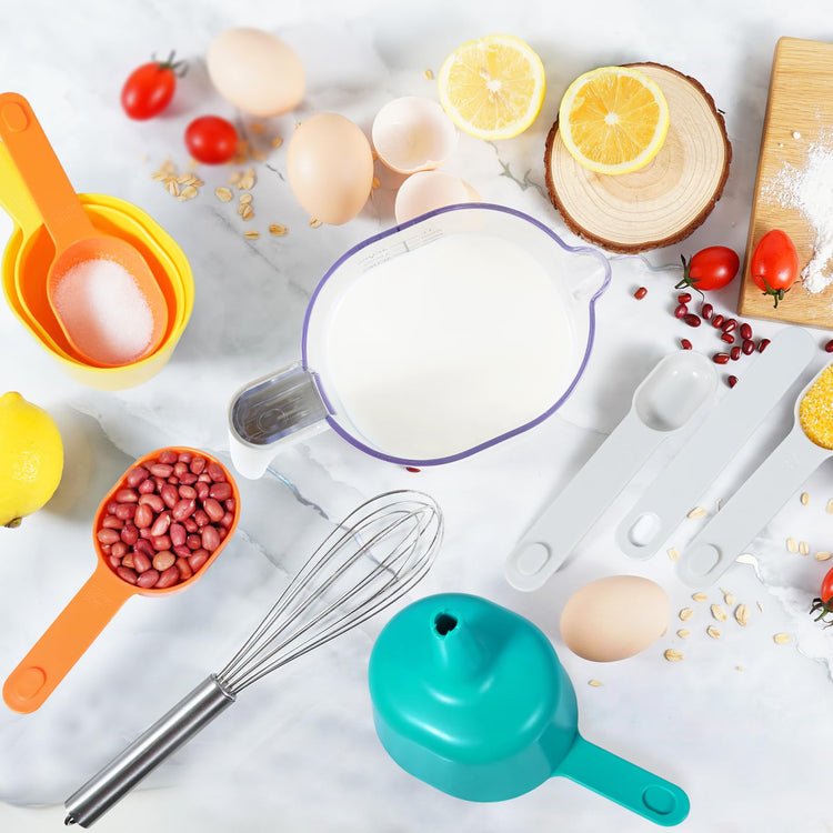 Stackable 10 Piece Measuring Cups and Spoons Set with White Lids