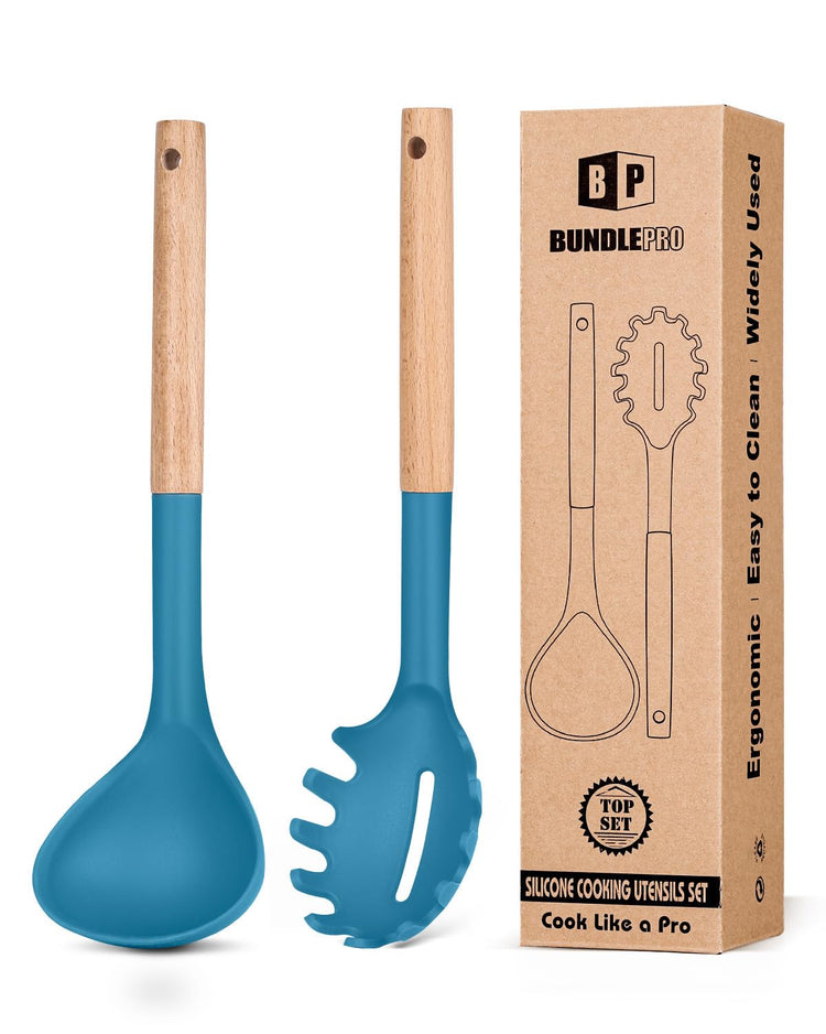 Silicone Pasta Fork and Ladle Spoon Set with Wooden Handle (2 Count)
