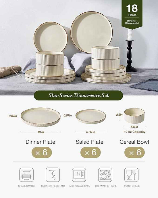 Famiware Star Dinnerware Set, Plates and Bowls Sets for 6 (18pcs), Ribbed Stoneware Dishes - Chip & Scratch Resistant, Microwave & Dishwasher Safe Kitchenware, Cream