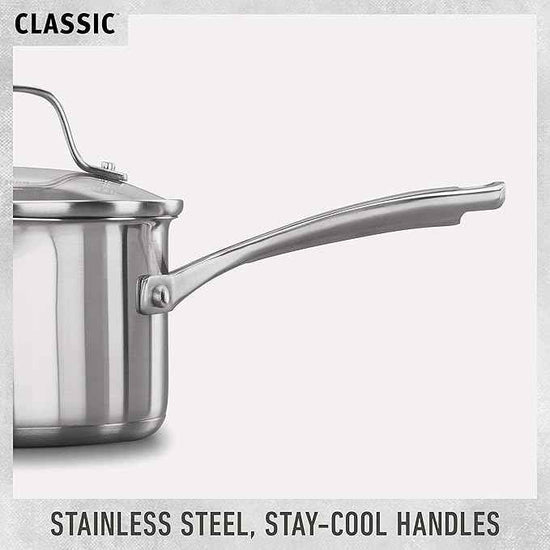 Calphalon Classic Stainless Steel Cookware Set, 10-Piece, Impact-Bonded Aluminum Base, Stay-Cool Handles, Oven Safe 450F, Silver
