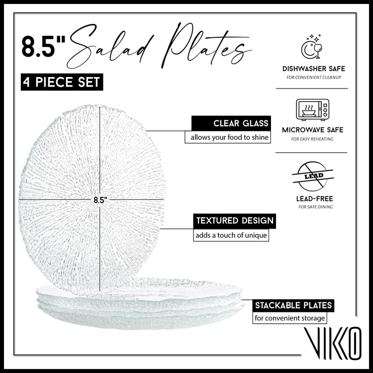 Vikko Salad Plate, Set of 4 Glass Plates, 8.5 Inch Dessert, Salad, Appetizer Plate, Elegant Textured Glass Design, Stackable Plates, Dishwasher Safe
