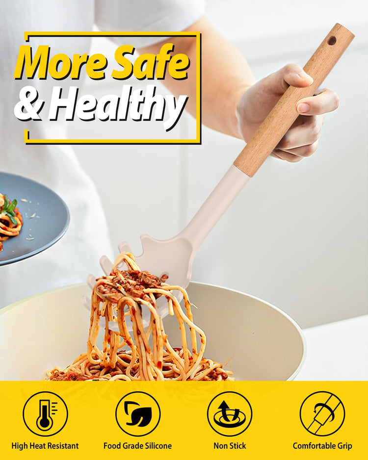 Silicone Pasta Fork and Ladle Spoon Set with Wooden Handle (2 Count)