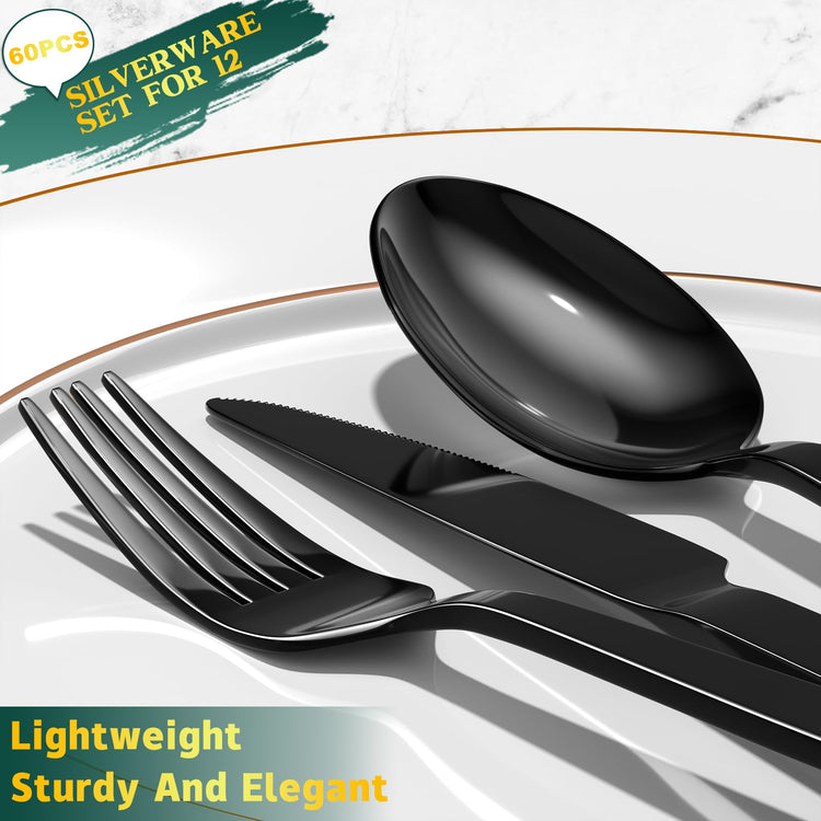 60 Pieces Black Silverware Set (12 Count)