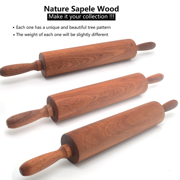 Classic Sapele Wooden Rolling Pin With Handles Large17.3"L x 2.3"W