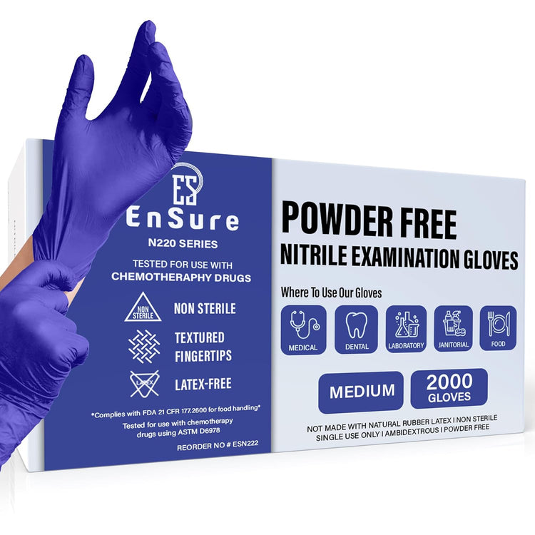EnSure Nitrile Exam Gloves, Powder-Free, Latex-Free, Chemo Rated, Non-Sterile, Light Duty, Textured Tips, Medical, Surgical, Food Safe, Cleaning, Dental, Lab Use - 3 Mil (Medium, 2000 Count)