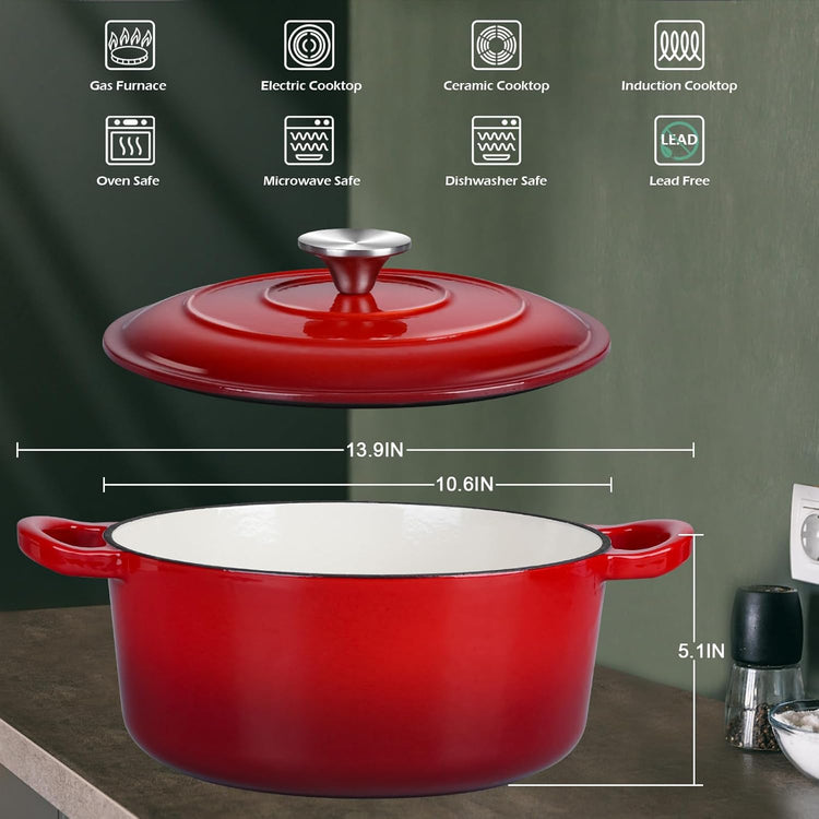 6 Quart Dutch Oven with Lid, Leonyo 6QT Enameled Cast Iron Dutch Oven for Sourdough Bread Baking, Heavy Duty Cookware for Braising, Stews, Roasting, Red - Nestoria