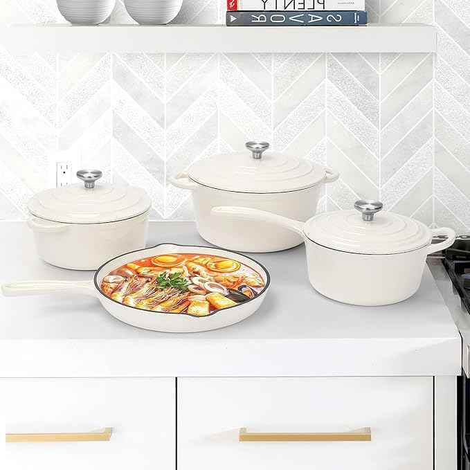 QuliMetal Nonstick Enameled Cast Iron Cookware Set, 7-Pcs Pots and Pans with Lid, Frying Pan Skillet, Sauce Pan, Healthy Round Dutch Oven Pot for Sourdough Bread Baking on All Stovetop, Cream White