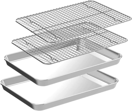 4 PCs Small Baking Sheet With Wire Rack Set [2 Pans + 2 Cooling Racks]