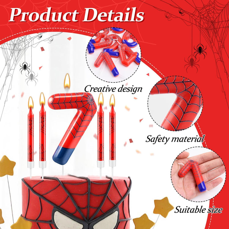 13 Pcs Spider Themed Birthday Candle Set Red Spider Theme Number 7 Candle Cake Topper for Boys Girls Birthday Decoration Spider Party Decoration Supplies (13 Count)