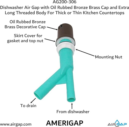 Dishwasher Air Gap with Skirted Oil Rubbed Bronze Brass Cap and Extra Long Threaded Body for Thick or Thin Kitchen Countertops (AG200-306, AG200-X06, AMERIGAP)