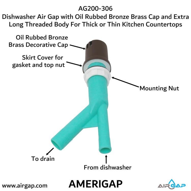 Dishwasher Air Gap with Skirted Oil Rubbed Bronze Brass Cap and Extra Long Threaded Body for Thick or Thin Kitchen Countertops