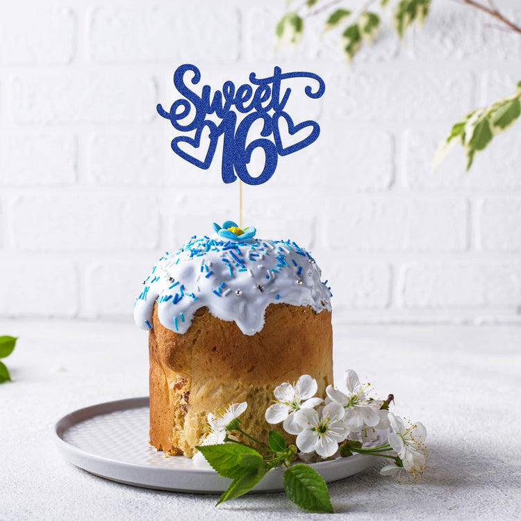 1Pc Sweet Teenager 16 Cake Topper Glitter 16th Birthday Cake Pick for Cheers to 16 Years Old 16th Birthday Party Cake Decorations Supplies Blue