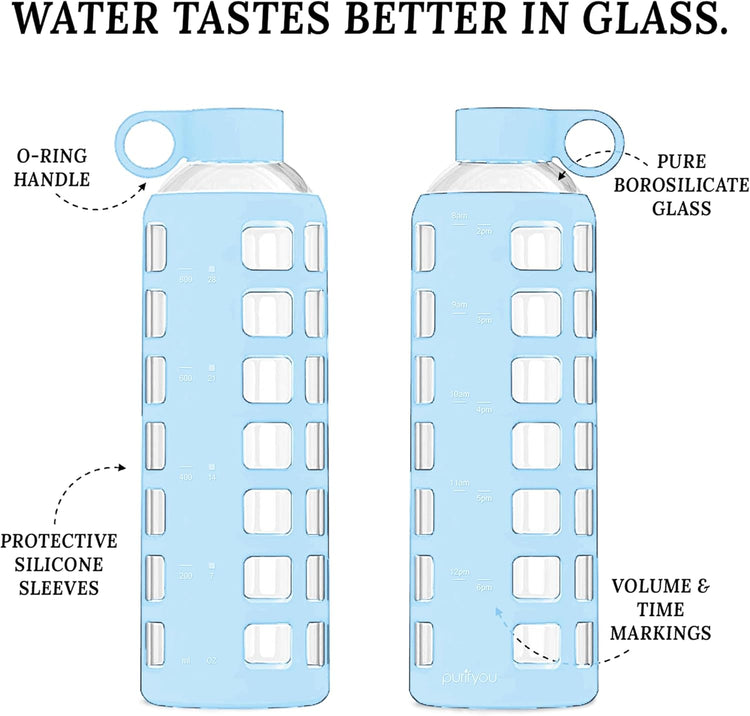 purifyou 40oz / 32oz / 22oz / 12oz Borosilicate Glass Water Bottle with Time & Volume Markers, Silicone Sleeve, Stainless Steel Lid – Reusable Glass Bottle for Water & Juice (40oz Ice Blue)