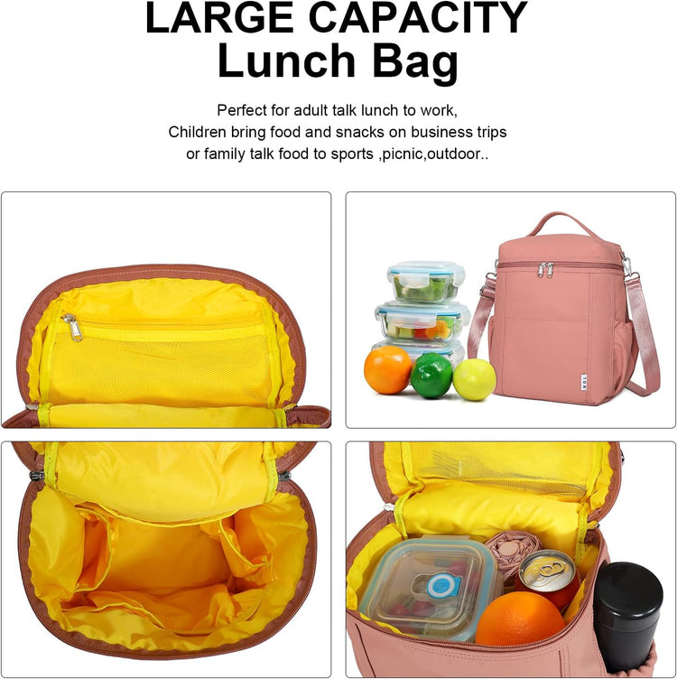 NOL Natural Organic Lifestyle Insulated Lunch Bags for Women Cooler Bag Lightweight Nylon Waterproof Lunch Box For Work (Dark Pink, Large)