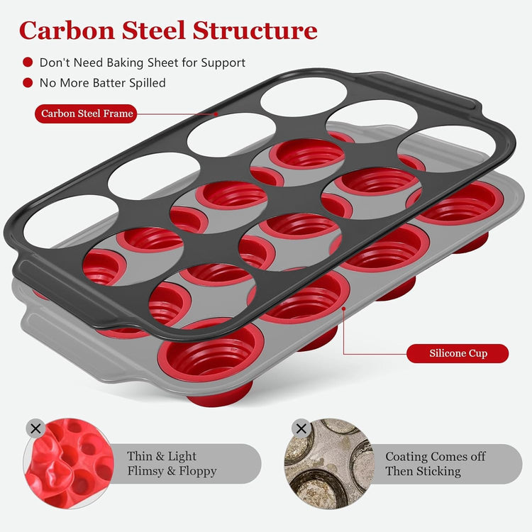 12 Cups Silicone Muffin Pans for Baking with Metal Frame, Egg Bite Molds, Cupcake Pans Regular Size, Muffin Tins Easy to Pop Nonstick Non Toxic Bakeware for Oven Dishwasher Safe