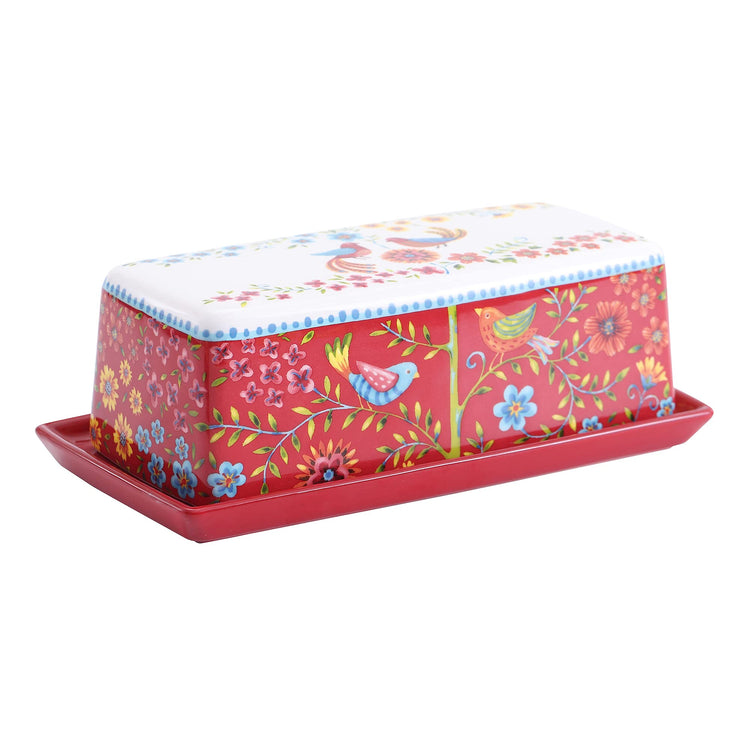 Red Spring Bird Ceramic Butter Dish with Lid