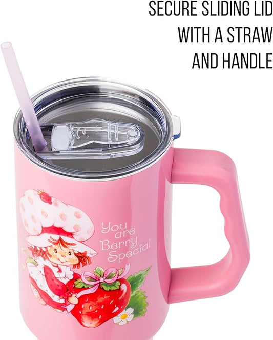 Silver Buffalo Strawberry Shortcake You Are Berry Special Vintage Berry Pink Double Walled Stainless Steel Tumbler with Handle and Straw, Fits in Standard Cup Holder, 40 Ounces