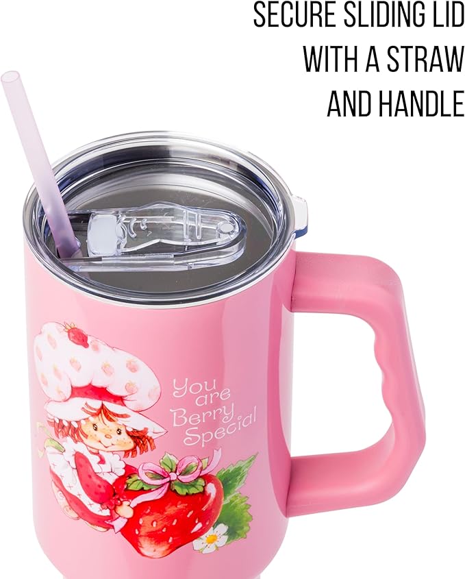 Silver Buffalo Strawberry Shortcake You Are Berry Special Vintage Berry Pink Double Walled Stainless Steel Tumbler with Handle and Straw, Fits in Standard Cup Holder, 40 Ounces