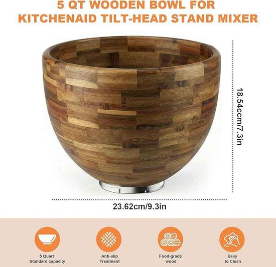 5 Qt Solid Wood Mixing Bowl Compatible with KitchenAid Tilt-Head Stand Mixer, Handcrafted Natural Wooden Bowl for 4.5-5 Qt K45SS KSM75 KSM150, Ideal for Bread Dough & Salads (Light Brown)