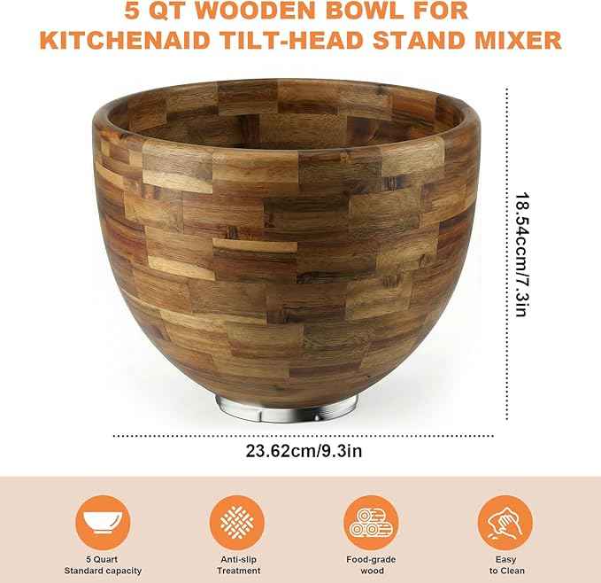 5 Qt Solid Wood Mixing Bowl Compatible with KitchenAid Tilt-Head Stand Mixer, Handcrafted Natural Wooden Bowl for 4.5-5 Qt K45SS KSM75 KSM150, Ideal for Bread Dough & Salads (Light Brown)