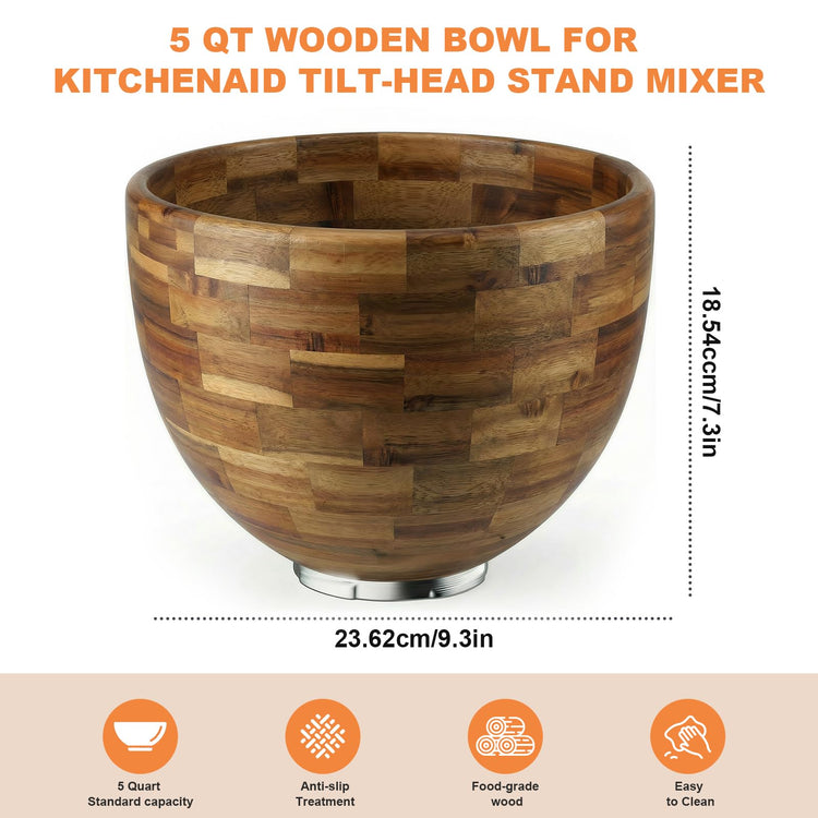 5 Qt Solid Wood Mixing Bowl Compatible with KitchenAid Tilt