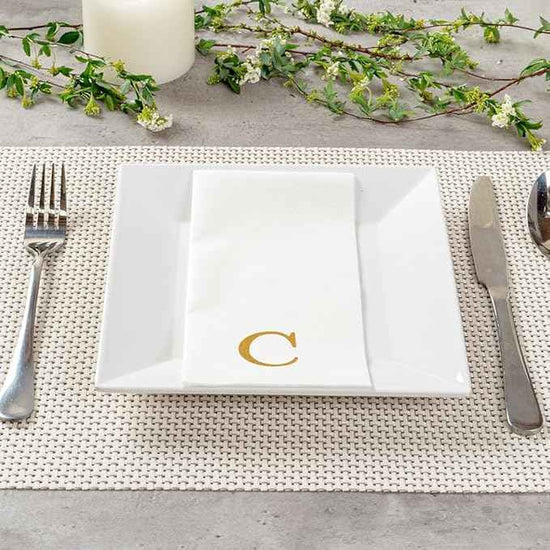 Luxenap 15.8 X 7.9 Inch Linen-Feel Guest Towels, 50 Lettered Hand Towels - Gold Letter 'C', Sans Serif Font, White Paper Dinner Napkins, airlaid, For Restrooms And Tables - Restaurantware