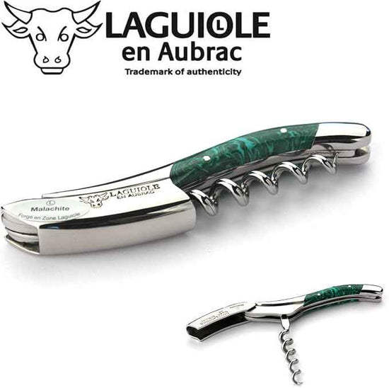 Laguiole en Aubrac corkscrew sommelier waiters knife 3 functions SOM99PMI malachite handle, stainless steel shiny