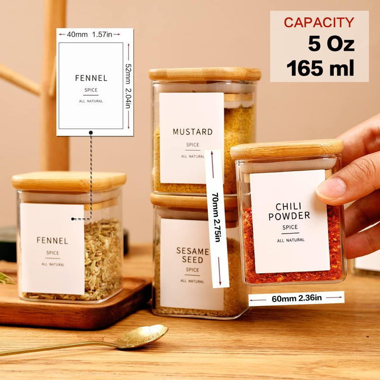 12 Pcs Square Glass Spice Jars with Natural Bamboo Lids - 5oz Airtight Herb Containers with 148 Waterproof Minimalist Spice Labels Preprinted - Empty Small Seasoning Jars for Kitchen Pantry