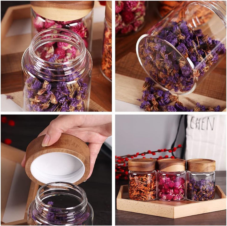SAIOOL 3 Packs Glass Food Storage Jars with Screw Airtight Seal Acacia Wood Lids,Spice Jars with Lids, Organization for Jars Bottles Containers Travel Gear, Sugar, Salt,Coffee, cookies,spices