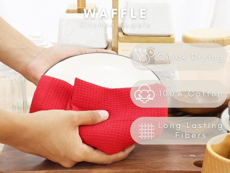PurpleEssences Waffle Weave Kitchen Towel, 100% Cotton - 15 x 25 Inches, with Hanging Loop Ultra Soft Absorbent Quick Drying Dish Cloth, Tea and Hand Towels, 6 Pack - Spring Summer - Red - Nestoria