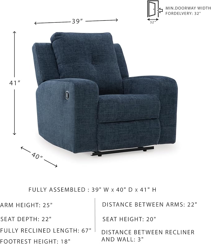 Signature Design by Ashley Danum Casual Manual Tufted Wall Hugger Recliner with Track Arms, Blue