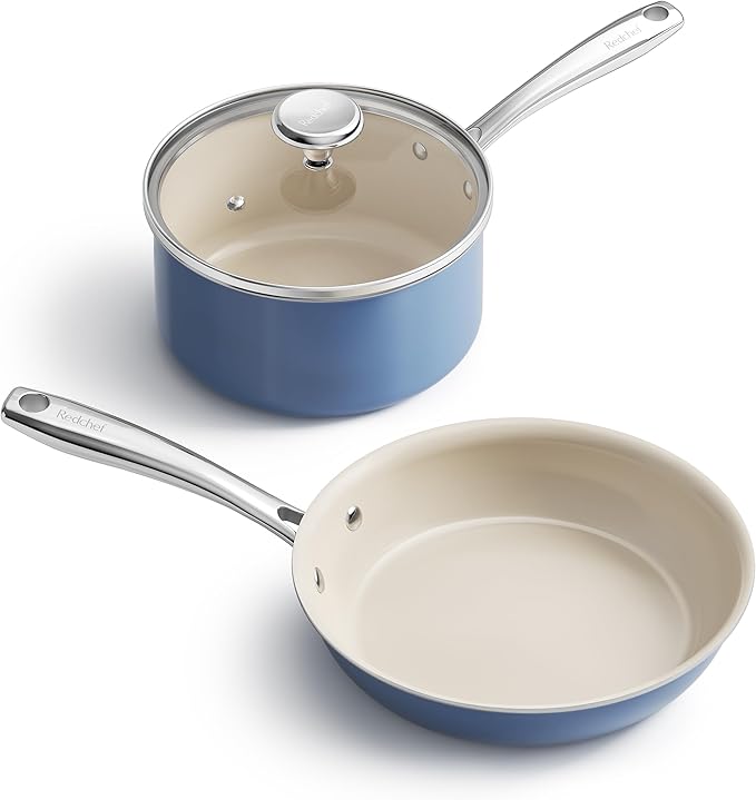 Redchef Sauce Pan Cookware Set, 8" Non-Stick Ceramic Frying Pan & 2.5QT Saucepans with Tempered Glass Lid, Stay-Cool Handle, Non Toxic PTFE & PFOA Free, Oven Safe & Stovetop Suitable, Blue