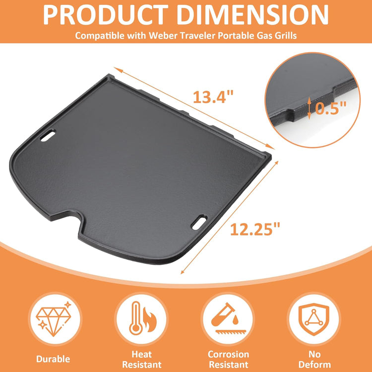 7034 Cast Iron Griddle for Weber 9010001 Traveler Portable Gas Grill, Replacement for Weber9010001, 9013001, 9020001 Gas Grill Accessories, Compatible with Weber Traveler Griddle Part - Nestoria