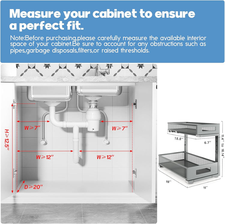 2 Pack 19IN Depth Under Sink Storage Organizer, Large 2-Tier Elegant Mesh Pull Out Shelf for Kitchen and Bathroom Cabinet Organization, L-Shaped and Adjustable Height Design-Gun Gray