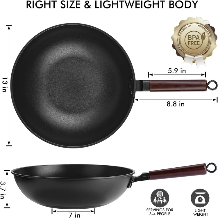 Carbon Steel Wok Pan - 13" Wok Pan with Lid, Woks & Stir-Fry Pans Nonstick with Spatula & Brush, Chinese Wok Flat Bottom Wok for Induction, Electric, Gas, All Stoves