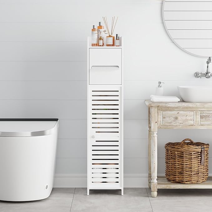 VECELO Storage Cabinet for Small Spaces,Bathroom Cabinet with Toilet Paper Scroll, Short Corner Cabinet with Farmhouse Style Door for Bathroom Space,White