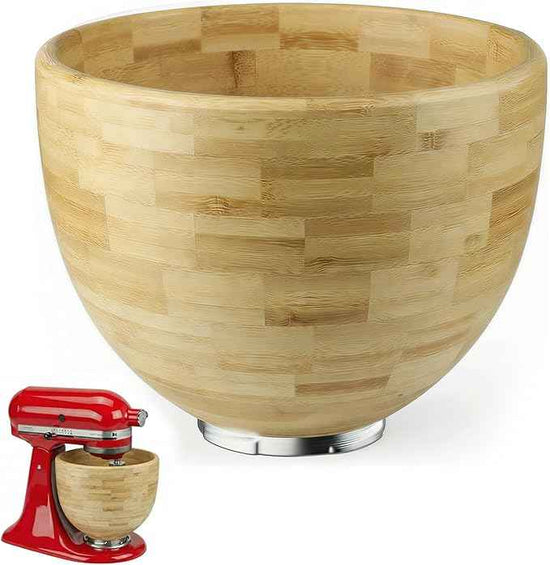 5 Qt Solid Wood Mixing Bowl Compatible with KitchenAid Tilt-Head Stand Mixer, Handcrafted Natural Wooden Bowl for 4.5-5 Qt K45SS KSM75 KSM150, Ideal for Bread Dough & Salads (Pale Yellow)