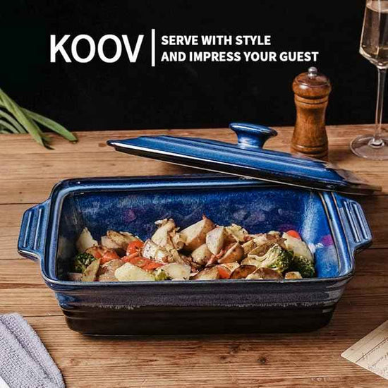 KOOV Ceramic Casserole Dish With Lid, Covered Rectangular Set, Lasagna Pan for Cooking, Baking Dish for Dinner, Kitchen, 9 x 13 Inches, Reactive Glaze (Nebula Blue)