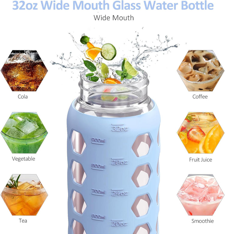 MUKOKO Glass Water Bottles,32oz Glass Tumbler with Straw,Drinking Bottles with 2 Lids-Handle Spout Lid&Bamboo Straw Lid,Motivational Water Bottle with Time Marker and Silicone Sleeve,1 Pack-Glacier