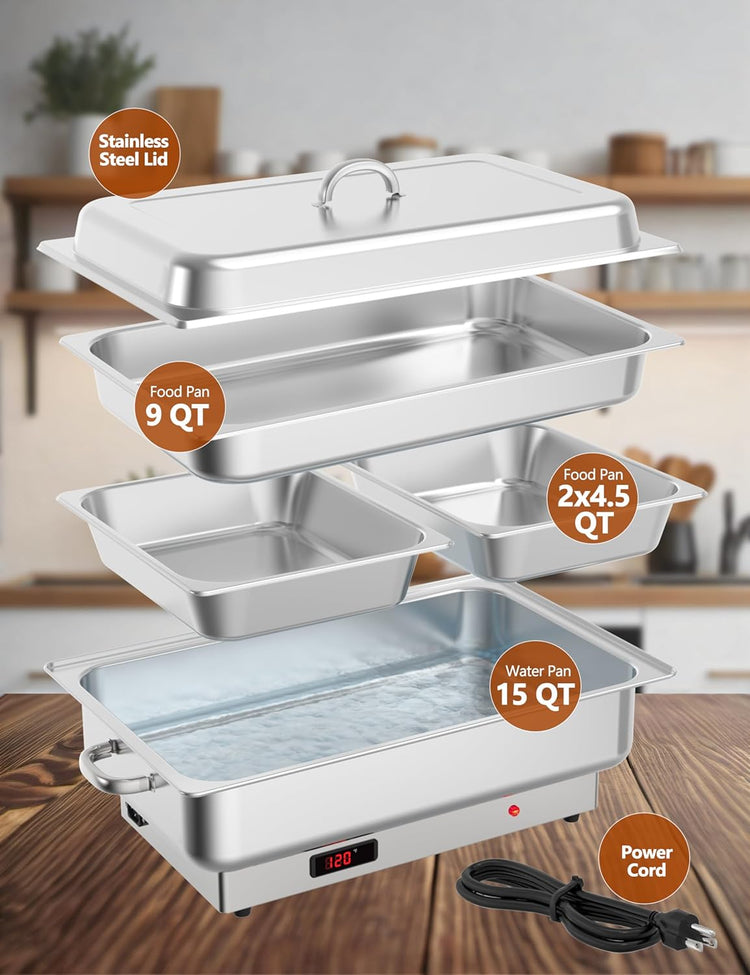 Electric Chafing Dish Buffet Set, 9QT Buffet Servers and Warmers Stainless Steel, Commercial Food Warmer with 1 Full-Size Pan & 2 Half-Size Pan, Temperature Control Display for Parties, Catering