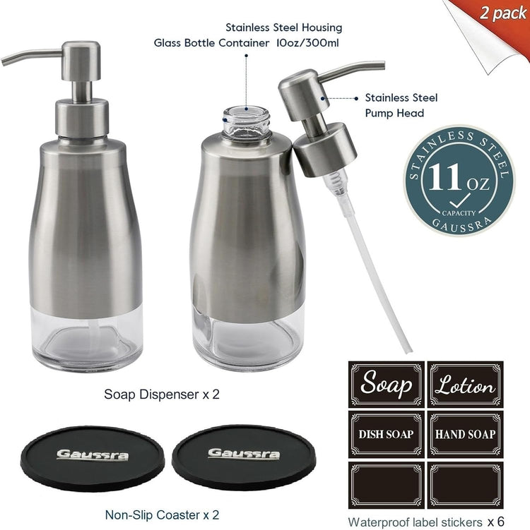 2 Pack Soap Dispenser with Coaster and Stickers, Stainless Steel Case Glass Liner Hand Pump Dispenser, Refillable Liquid Hand Soap Dispenser for Bathroom & Kitchen - Brushed Nickel