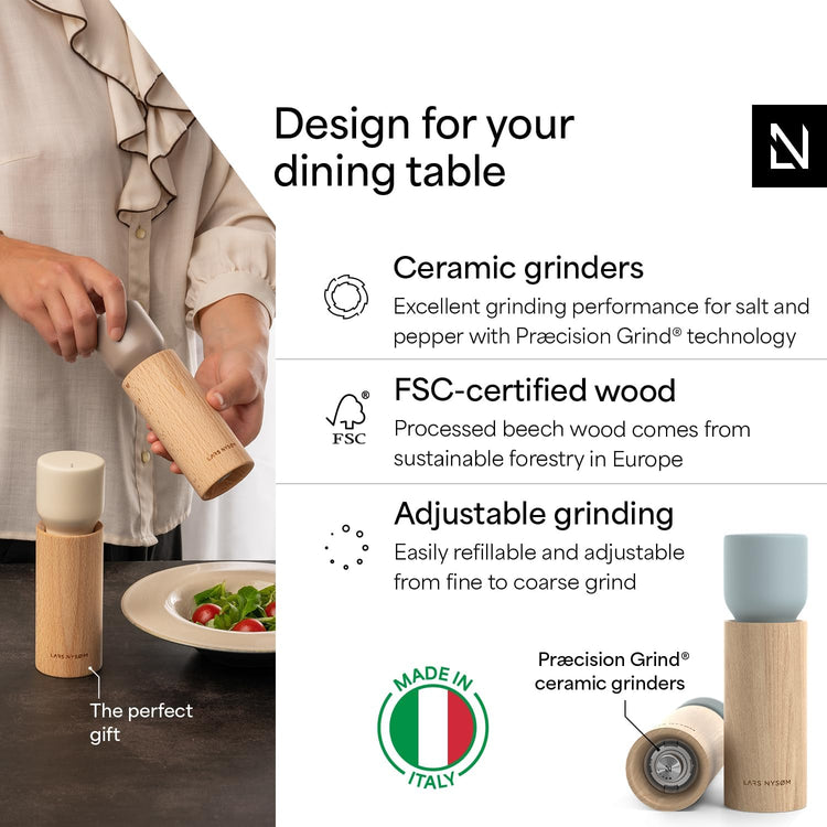 LARS NYSØM Wooden Salt and Pepper Grinder Set Manual with Tray - Salt and Pepper Mills with Adjustable Ceramic Grinder - Elegant Beechwood Pepper and Salt Mill Set for Dining Table (Blue)