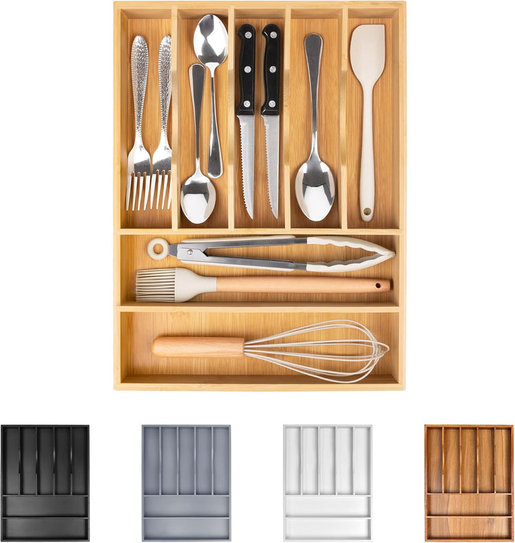 Bellsal Bamboo Silverware Drawer Organizer, Kitchen Utensil Drawer Organizers, 12"x15.7" Utensils Holder Cutlery Tray with Grooved Drawer Dividers for Kitchen Flatware Bedroom Office(7 Slot, Natural)
