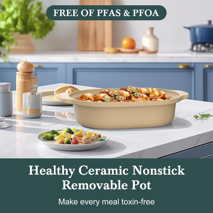 4 Quart Programmable Slow Cooker with Flexible Easy Programming, 8-in-1 Multi-Cooker with Dishwasher Safe Lid & Removable Crock Pot & Wooden Spoon, Nonstick, Oven Safe Pot to 500°F, Brown - Nestoria