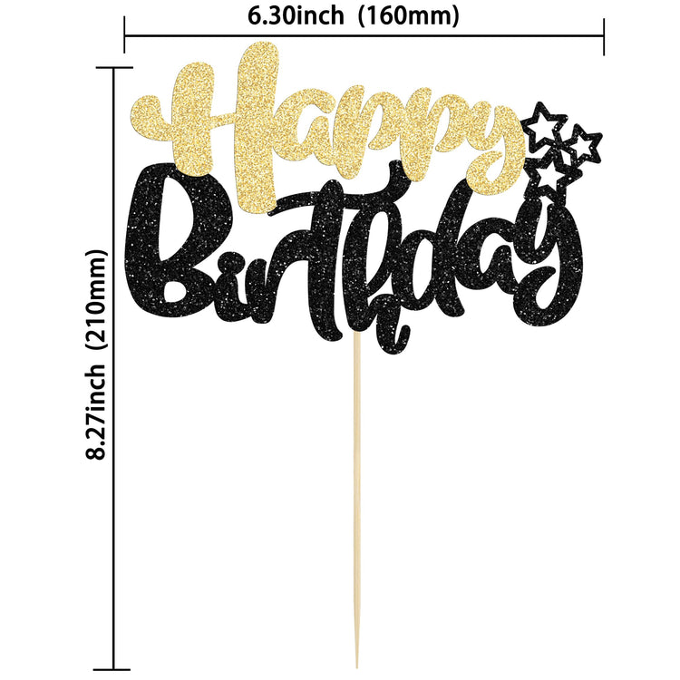 1Pcs Happy Birthday Cake Topper Glitter Cake Pick for Celebrating Anniversary Theme Party Cake Decorations Supplies Black Gold