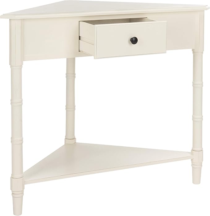 SAFAVIEH Home Collection – Gomez Distressed Cream Corner Accent Table with Drawer & Shelf, Space-Saving Triangular Design, Small Space Storage Table (AMH5709C)