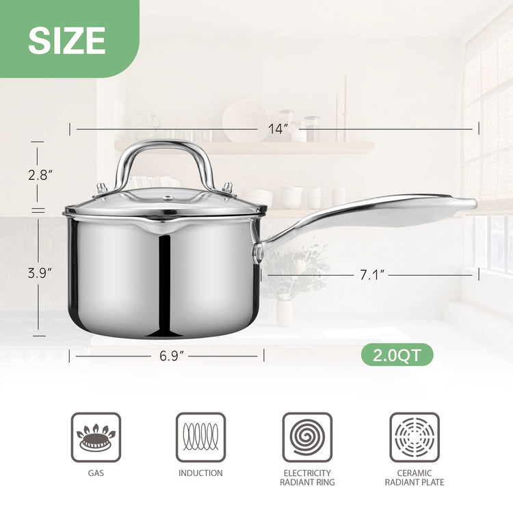 2.0 Quart Stainless Steel Pot Saucepan with Glass Strainer Lid