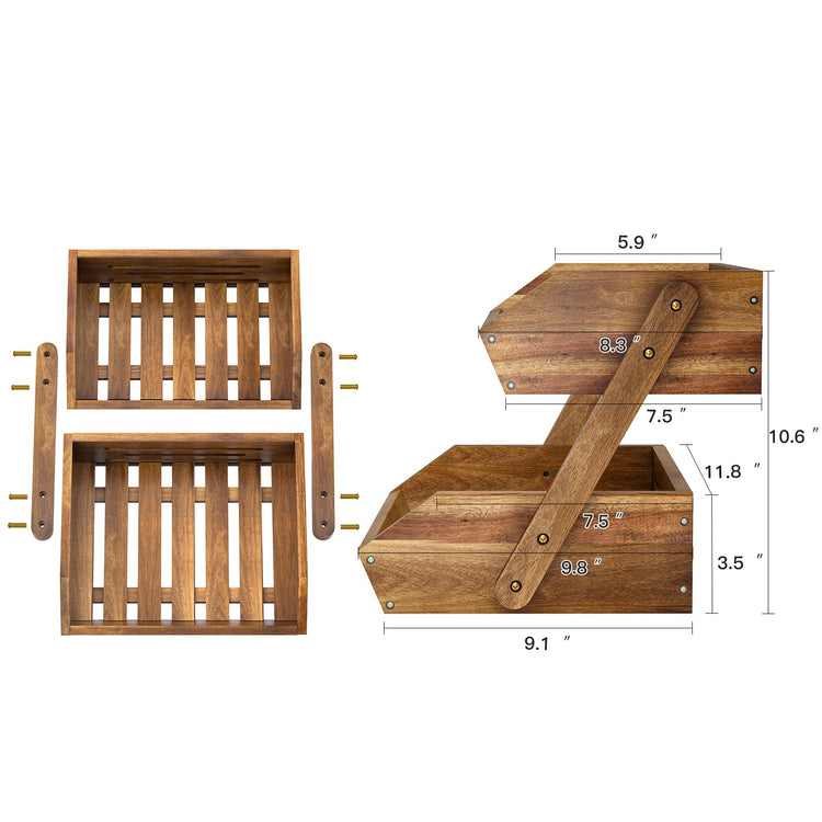 2 Tier Acacia Wood Fruit Basket for Kitchen