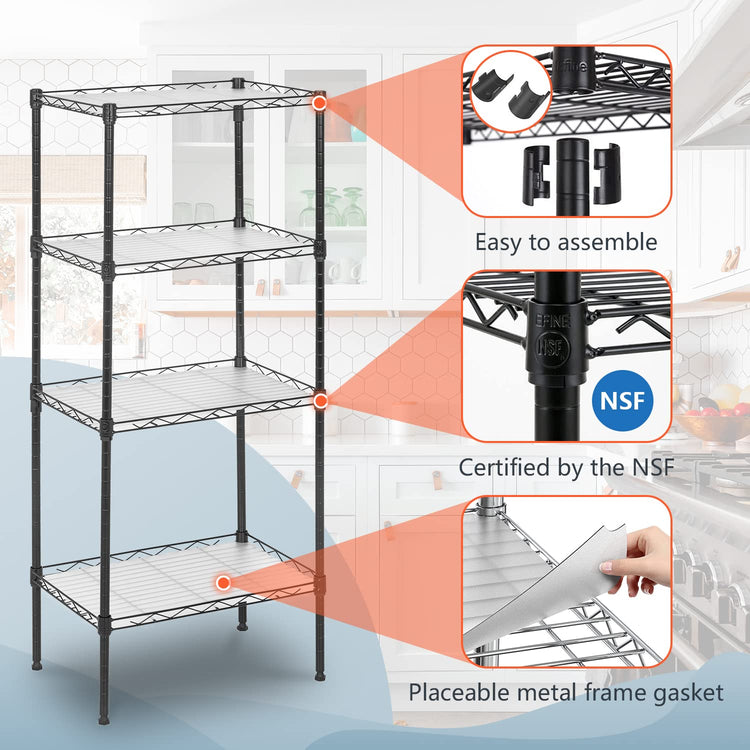 18L x 12W x 44H Wire Shelves Metal Shelf with 4 PP Sheets Storage Shelves 4 Tier Layer Storage Shelves for Laundry Bathroom Kitchen Garage (4 Count)