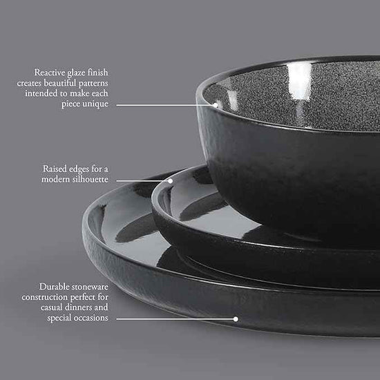 Gibson Elite Tahoe Sunset 12 Piece Stoneware Reactive Glaze (Service for 4) Ceramic Plates and Bowls Dinnerware Set - Black